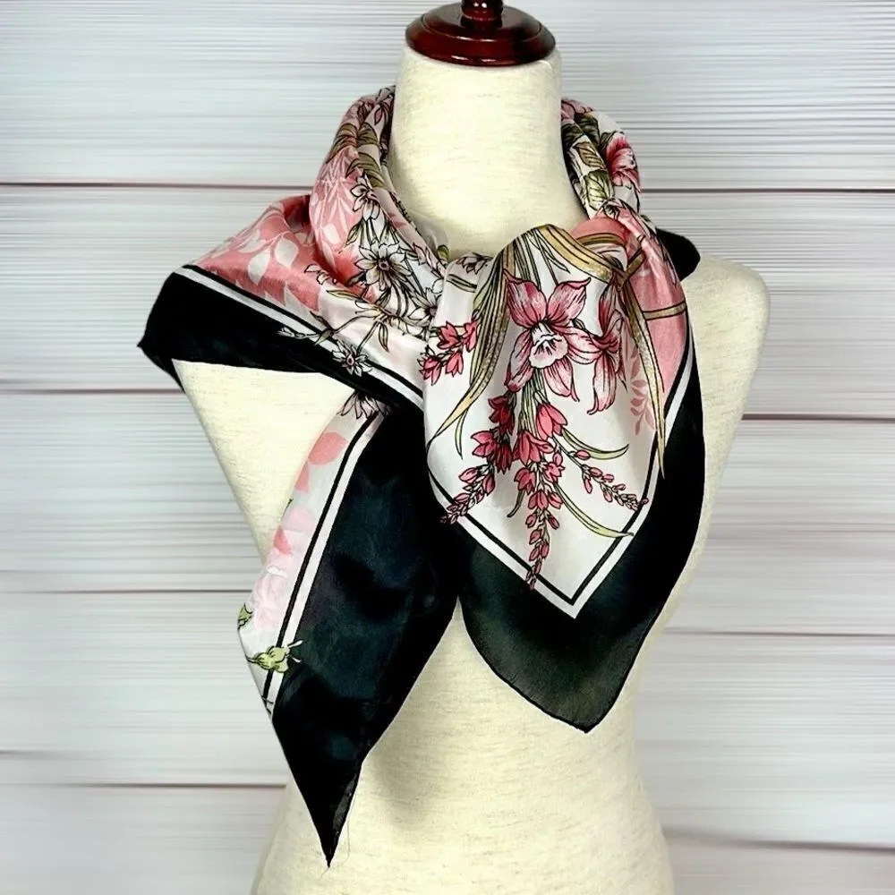 Floral Square Scarf Silky Chiffon Pink Ivory Black Trim Hand Rolled